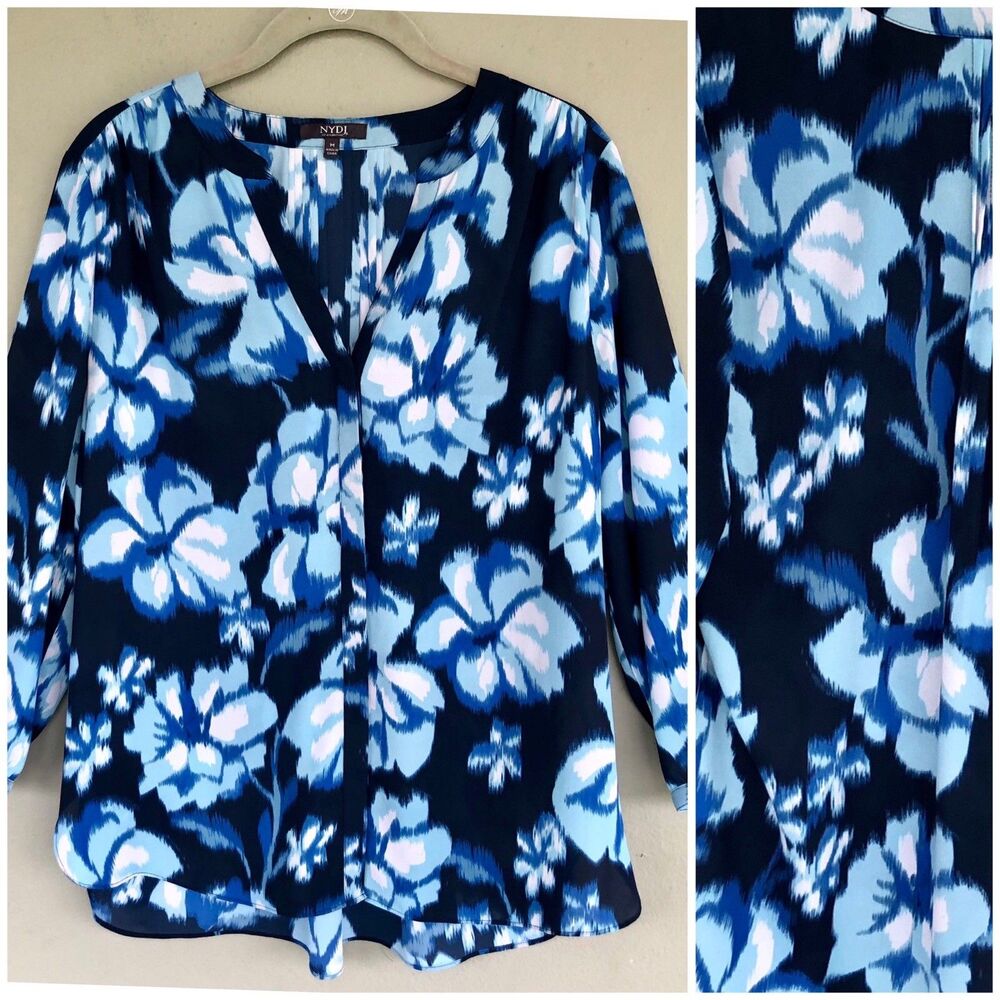 NYDJ Floral V Neck Blouse M Blue 3/4 Sleeve Pleated Tunic Top Casual Career